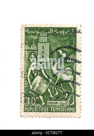 Un francobollo vintage dalla Tunisia isolato su sfondo bianco. Foto Stock