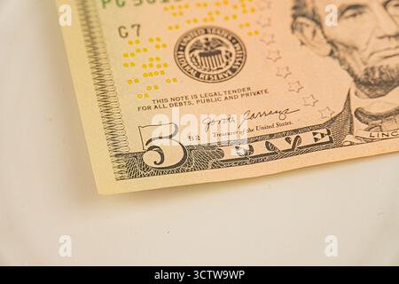 Immagine ravvicinata di una banconota in dollari USA con il ritratto di George Washingtons, che mostra i simboli americani e la qualità di stampa testuale della valuta cartacea Foto Stock