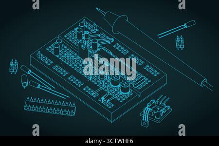 Kit di componenti elettronici per la formazione degli ingegneri elettronici e per gli appassionati di elettronica illustrazione vettoriale stilizzata Illustrazione Vettoriale