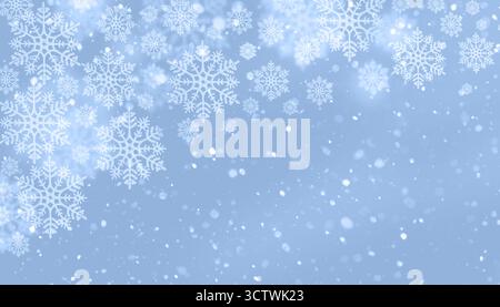Sfondo blu invernale con motivo a fiocco di neve cadente e atmosfera festosa e tranquilla per immagini di design natalizio Foto Stock