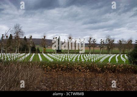 Belleau, Francia - 20 febbraio 2022: Tombe al cimitero americano di Aisne-Marne in una nuvolosa giornata invernale in Francia. Foto Stock