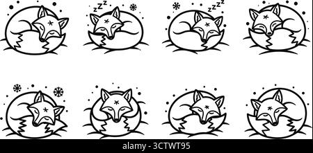Collezione di volpi addormentate arricciate in una palla, ognuna con un design unico e dettagli con fiocco di neve Illustrazione Vettoriale