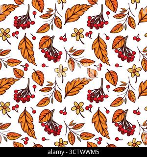 Motivo vettoriale senza cuciture di bacche di rowan, foglie, fiori gialli, ramoscelli. Tutti gli oggetti sono disegnati a mano in vettore. L'illustrazione è adatta per Illustrazione Vettoriale