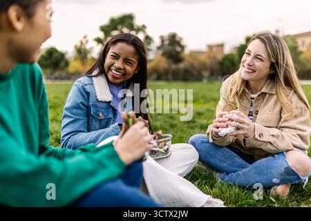 Amici diversi che gusteranno un pranzo al sacco nel parco Foto Stock