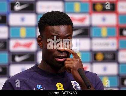 Marc Guéhi dell'Inghilterra durante una conferenza stampa al Wembley Stadium di Londra. Data foto: 8 ottobre 2025. Il credito per immagini dovrebbe essere: David Klein/Sportimage Credit: Sportimage Ltd/Alamy Live News Foto Stock