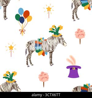 Motivo senza cuciture con tema CIRCUS. Caratteri Circus zebra. Stile cartoni animati piatto. Illustrazione Vettoriale