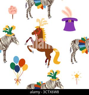 Motivo senza cuciture con tema CIRCUS. Caratteri Circus zebra. Stile cartoni animati piatto. Illustrazione Vettoriale