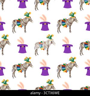 Motivo senza cuciture con tema CIRCUS. Caratteri Circus zebra. Stile cartoni animati piatto. Illustrazione Vettoriale