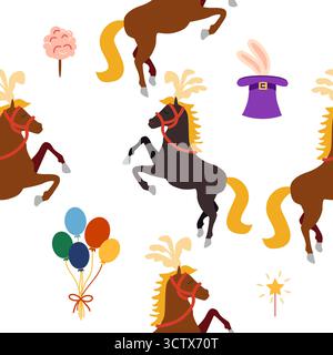 Motivo senza cuciture con tema CIRCUS. Cavallo dei personaggi del circo. Stile piatto cartoni animati. Illustrazione Vettoriale
