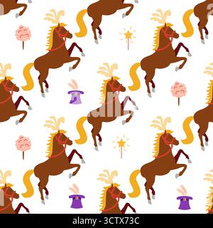 Motivo senza cuciture con tema CIRCUS. Cavallo dei personaggi del circo. Stile piatto cartoni animati. Illustrazione Vettoriale