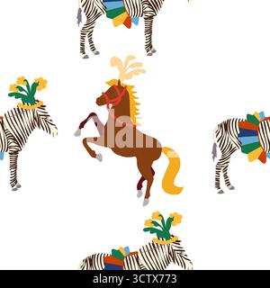 Motivo senza cuciture con tema CIRCUS. Caratteri Circus zebra. Stile cartoni animati piatto Illustrazione Vettoriale