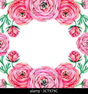 Corona di fiori d'annata acquerelli. Cornice rotonda dipinta a mano con ranunculus rosa, foglie ed elementi floreali. Foto Stock
