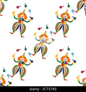 Motivo senza cuciture con tema CIRCUS. Clown, uomini forti, leoni, cappello magico, lepre in cappello, tende con palloncini natalizi. Caratteri circo. Stile piatto cartoni animati Illustrazione Vettoriale