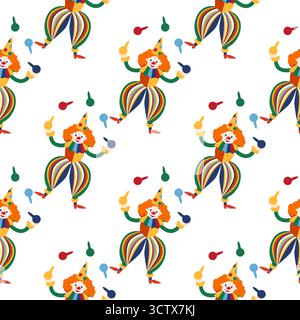 Motivo senza cuciture con tema CIRCUS. Clown, uomini forti, leoni, cappello magico, lepre in cappello, tende con palloncini natalizi. Caratteri circo. Stile piatto cartoni animati Illustrazione Vettoriale