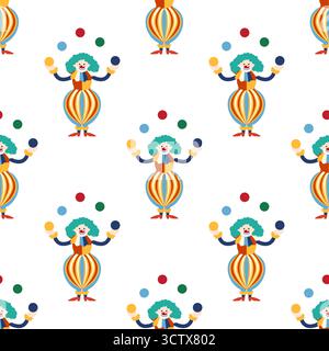 Motivo senza cuciture con tema CIRCUS. Clown, uomini forti, leoni, cappello magico, lepre in cappello, tende con palloncini natalizi. Caratteri circo. Stile piatto cartoni animati Illustrazione Vettoriale