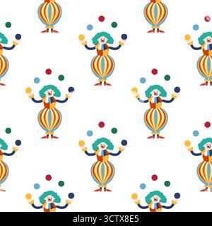 Motivo senza cuciture con tema CIRCUS. Clown, uomini forti, leoni, cappello magico, lepre in cappello, tende con palloncini natalizi. Caratteri circo. Stile piatto cartoni animati Illustrazione Vettoriale