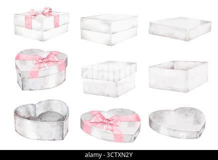 Set di confezioni regalo acquerello in tonalità grigio e rosa, alcune con nastri e forme a cuore. Perfetto per biglietti per San Valentino, design di packaging, ce Foto Stock