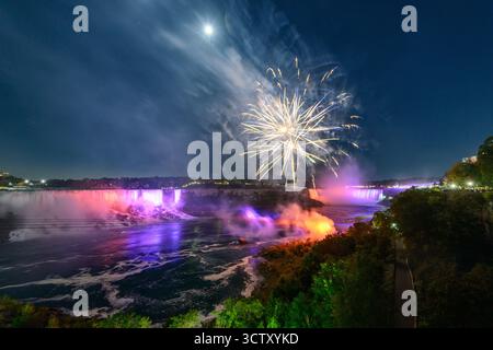 Una spettacolare vista notturna delle Cascate del Niagara, con le Canadian Horseshoe Falls e le American Falls illuminate da vibranti fuochi d'artificio. Foto Stock