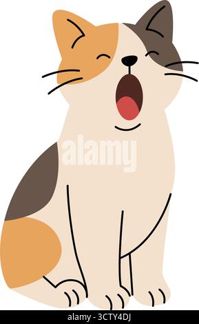 Gatto carino seduto mentre sbadiglia. Design vettoriale piatto perfetto per prodotti divertenti per bambini, adesivi e biglietti di auguri. Illustrazione Vettoriale