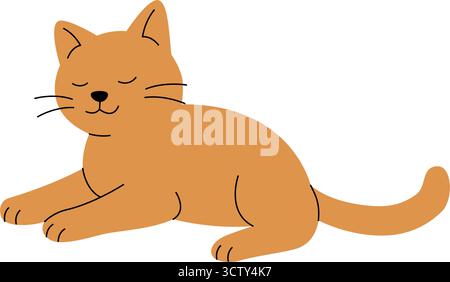Gatto arancione cartoni animati disteso a occhi chiusi. Immagine vettoriale piatta di un animale felino rilassato Illustrazione Vettoriale