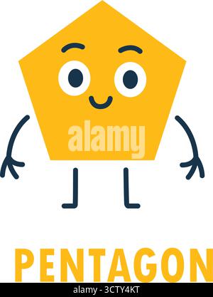 Cartone animato giallo del pentagono con viso, braccia e gambe sorridenti. Divertente illustrazione geometrica dei personaggi per bambini in età prescolare che imparano le forme Illustrazione Vettoriale