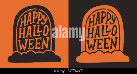 Buon Halloween scritto sulla tomba. Buona scrittura vettoriale di Halloween. Scritta per le vacanze per banner. Buon poster di Halloween, biglietto d'auguri, festa Illustrazione Vettoriale