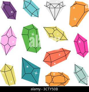 Cristalli. Pietre magiche, diamanti e cristalli di gioiello. Pietre preziose, ametista, rubino, zaffiro, smeraldo, topaz e quarzo. Illustrazione vettoriale Illustrazione Vettoriale