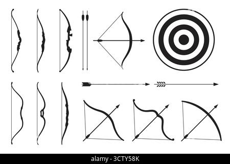 Varie illustrazioni in bianco e nero raffigurano diversi tipi di archi, frecce e un bersaglio circolare concentrico, che rappresenta gli sport di tiro con l'arco e le attrezzature Illustrazione Vettoriale