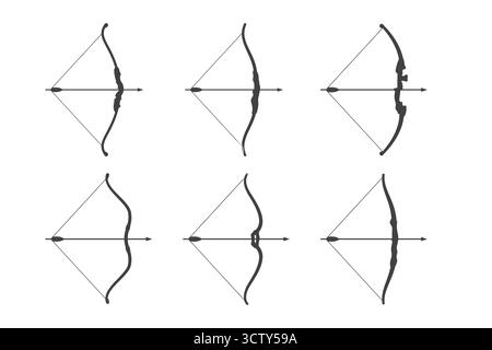 Mostra sei distinte illustrazioni grafiche di archi con frecce, pronte per essere scattate. Queste silhouette semplici sono perfette per lo sport e il tempo libero Illustrazione Vettoriale