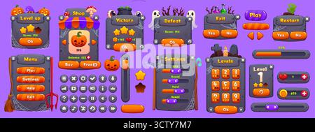 Interfaccia di gioco di Halloween con pulsanti e icone di livello Illustrazione Vettoriale