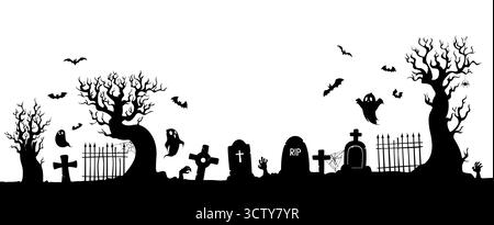 Cimitero di Halloween e sagoma del cimitero Illustrazione Vettoriale