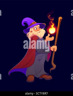 Mago dei cartoni animati con mantello scorrevole e cappello alto Illustrazione Vettoriale