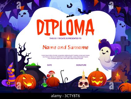 Diploma per bambini con personaggi dei fantasmi divertenti dei cartoni animati Illustrazione Vettoriale