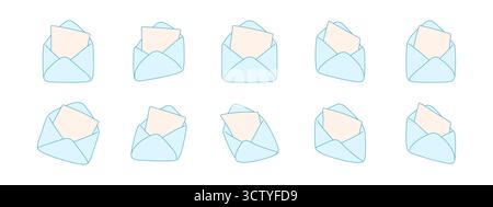 Vettore 3D con icona busta con carta per lettere e posta, busta mostrata in diverse angolazioni e viste per la comunicazione. Design isolato per e-mail, digitale Illustrazione Vettoriale