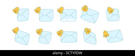 Icona di notifica delle buste vettore 3D con posta cartacea e campanello di avviso, set di buste blu in diverse angolazioni. Design isolato per e-mail e messaggi Illustrazione Vettoriale