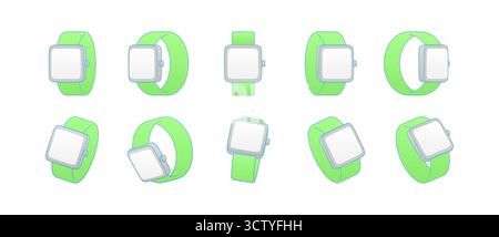 Illustrazione vettoriale dello smartwatch con cinturino verde in stile 3D piatto. Molteplici angolazioni e prospettive mostrano l'orologio come un dispositivo moderno per applicazioni e interfaccia utente Illustrazione Vettoriale