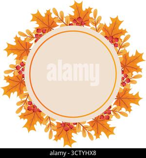 Cornice della corona autunnale con foglie di arancia e frutti di bosco. Decorazioni autunnali e design stagionale Illustrazione Vettoriale