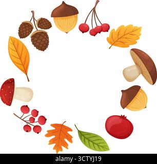 Corona autunnale di funghi, foglie, ghiande, bacche e frutta, stagione autunnale Illustrazione Vettoriale