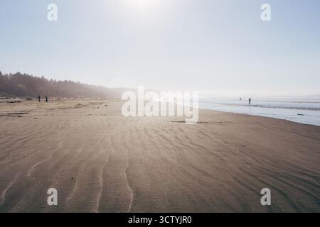 Onde dolci si infrangono sulla spiaggia mentre i visitatori camminano lungo la spiaggia. Il sole proietta un caldo bagliore, creando un'atmosfera serena in questa tranquilla zona Foto Stock