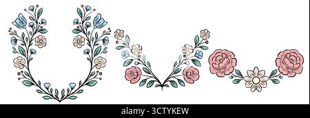 Set vettoriale di cornici decorative floreali in colori pastello. Raccolta di divisori per contorni con fogliame, peonie e margherite Illustrazione Vettoriale