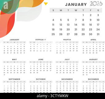 Calendario mensile 2026 - inizio domenica, illustrazione vettoriale modello pianificazione annuale e pianificazione Illustrazione Vettoriale