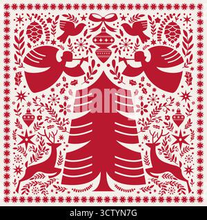 Christmas Tree Angels Folk Pattern Illustrazione Vettoriale