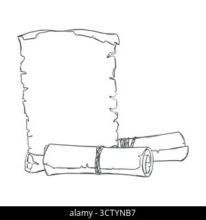 Schizzo vettoriale di un vecchio foglio di carta e dei rotoli arrotolati in un rotolo. Antico manoscritto. Modello vuoto per il testo in stile antico. Imitazione della tecnica di incisione. Disegno lineare in inchiostro. Illustrazione Vettoriale