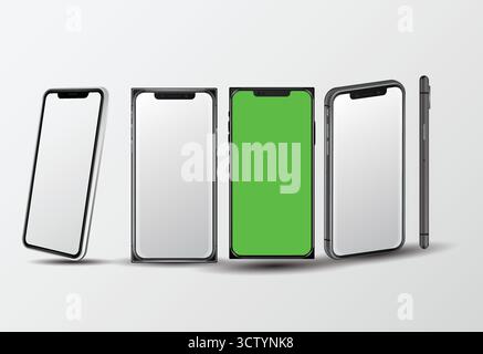 Smartphone Mockup Group - Vista frontale telefoni cellulari 3D con presentazione Shadow for UI UX, Smart Phone realistico impostato isolato su sfondo bianco Illustrazione Vettoriale