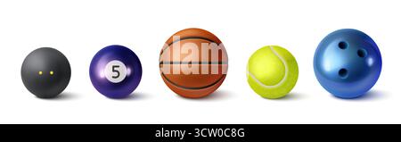 Set di palloni sportivi realistici con pallacanestro, sfera da tennis, attrezzatura da bowling, biliardo viola numero cinque e attrezzatura da squash nera. Accessori di gioco professionali per competizioni o attività sportive. Illustrazione Vettoriale