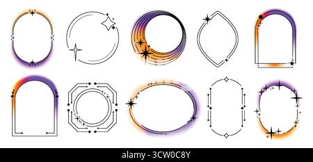 Cornici con bordi minimi con effetti aura sfocata e scintille per layout di design o modelli di social media. Contorni geometrici con sfumatura arancione e viola. Elementi decorativi per poster retrò. Illustrazione Vettoriale