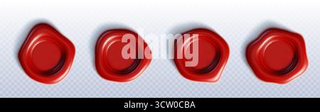Set sigillante in cera rossa con impronte di timbri e bordi fusi per l'autenticazione ufficiale dei documenti. Emblemi circolari lucidi su sfondo chiaro con ombre. Notarile vintage e chiusure di certificati. Illustrazione Vettoriale