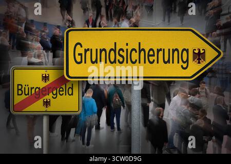 ACHTUNG FOTOMONTAGE Union und SPD verkuenden Ergebnisse: DAS Ende vom Buergergeld, das jetzt Grundsicherung heisst Koalition einigt sich bei Rente, Verkehr und Buergergeld *** ATTENZIONE FOTO MOONTAGES Union e SPD annunciano i risultati la fine dell'indennità dei cittadini, ora chiamata Basic Security Coalition raggiunge un accordo su pensioni, trasporti e indennità dei cittadini Foto Stock