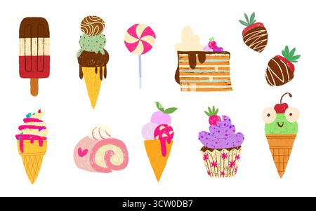 Collezione di dessert a base di pastelli con papaveri colorati, coni di gelato, caramelle lecca-lecca, fetta di torta a strati e fragole di cioccolato. Dolci disegnati a mano per feste estive o elementi di design da forno. Illustrazione Vettoriale