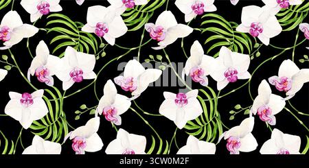 Sfondo senza cuciture di orchidea bianca con nucleo rosa e foglie di cocco. Disegno ad acquerello di fiori tropicali estivi per tessuti in stile giungla su sfondo nero. Illustrazione botanica di Phalaenopsis Foto Stock